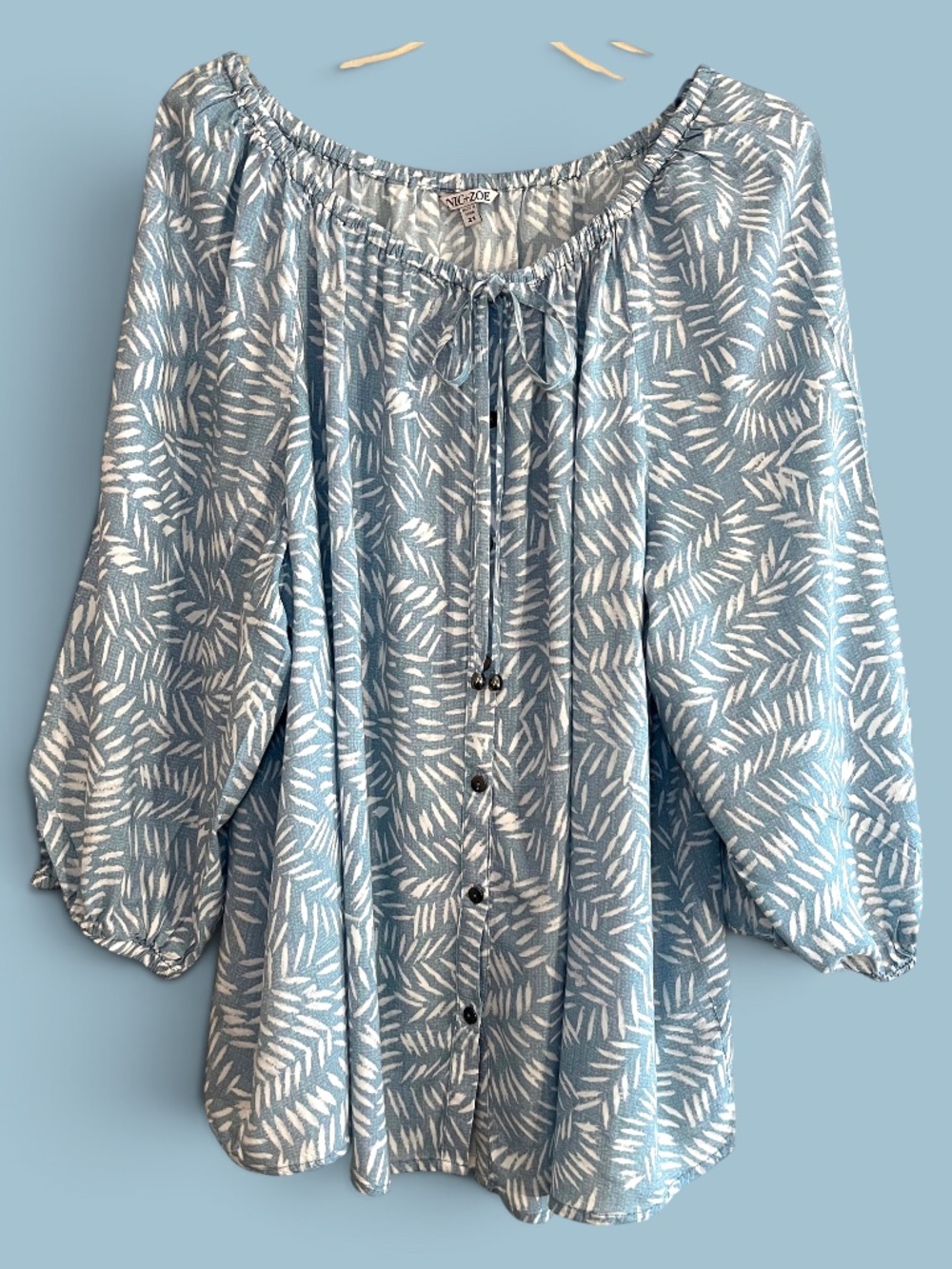 Nic+Zoe Blue White Leaf Print Peasant Blouse Size 2X